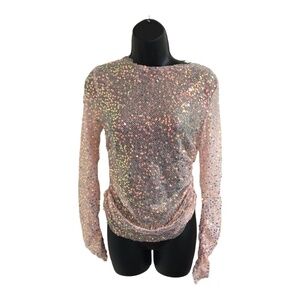 Pink Sequin sheer mesh iridescent shirred sides & sleeves long sleeve top sz S